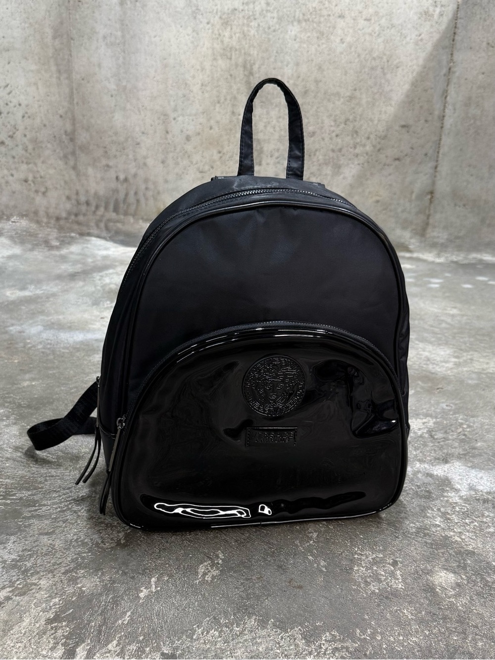 Versace Parfums Medusa Black Nylon Patent Logo Backpack Travel Bag